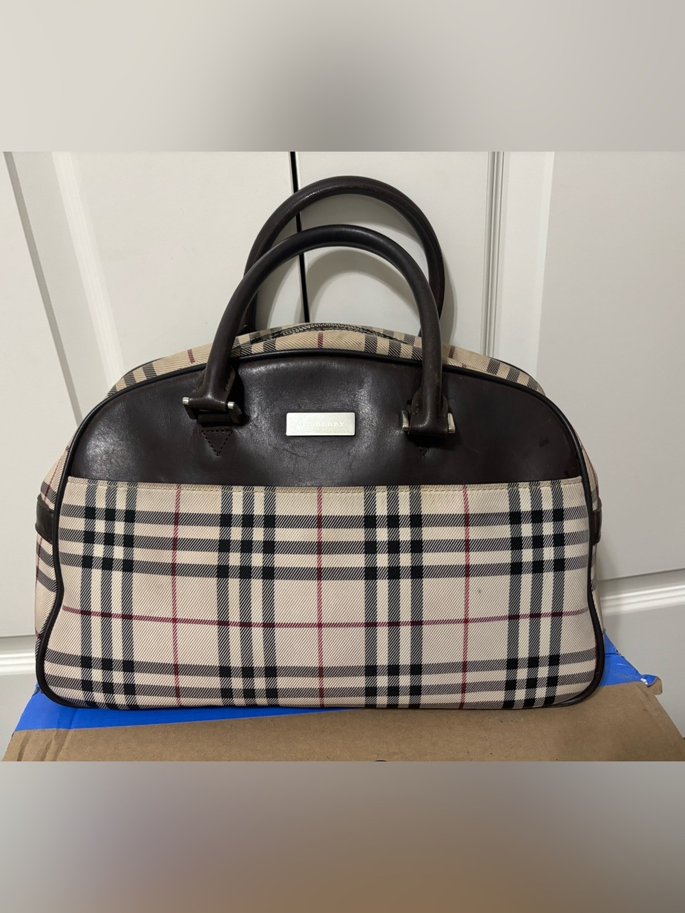 Vintage Burberry House Check canvas & leather top handle purse handbag